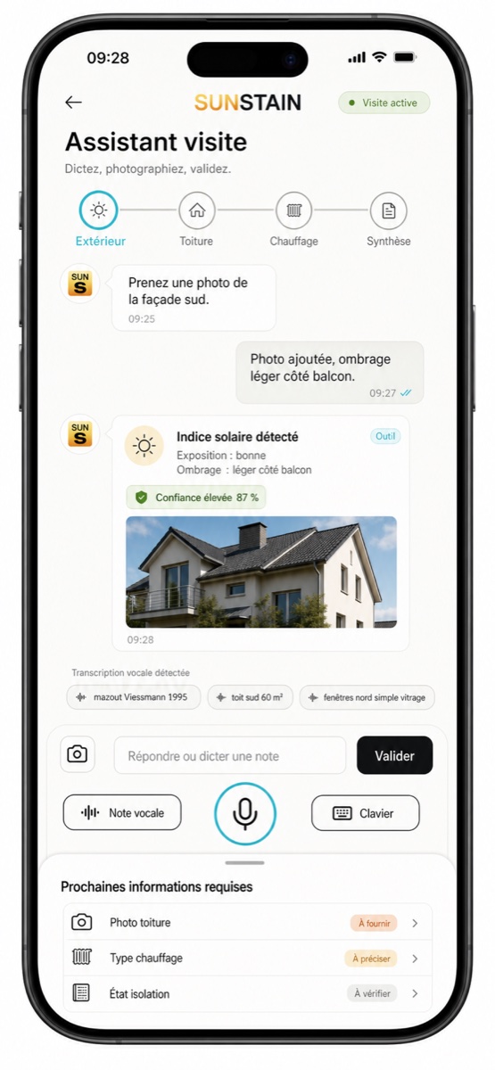 L'application pendant la visite : le relevé pièce par pièce, les photos prises sur place et les quantités qui s'incrémentent.