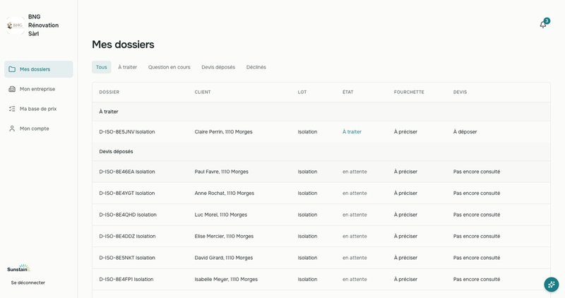 L'espace artisan de l'application Sunstain : les dossiers reçus, groupés par état, et la base de prix de l'entreprise.
