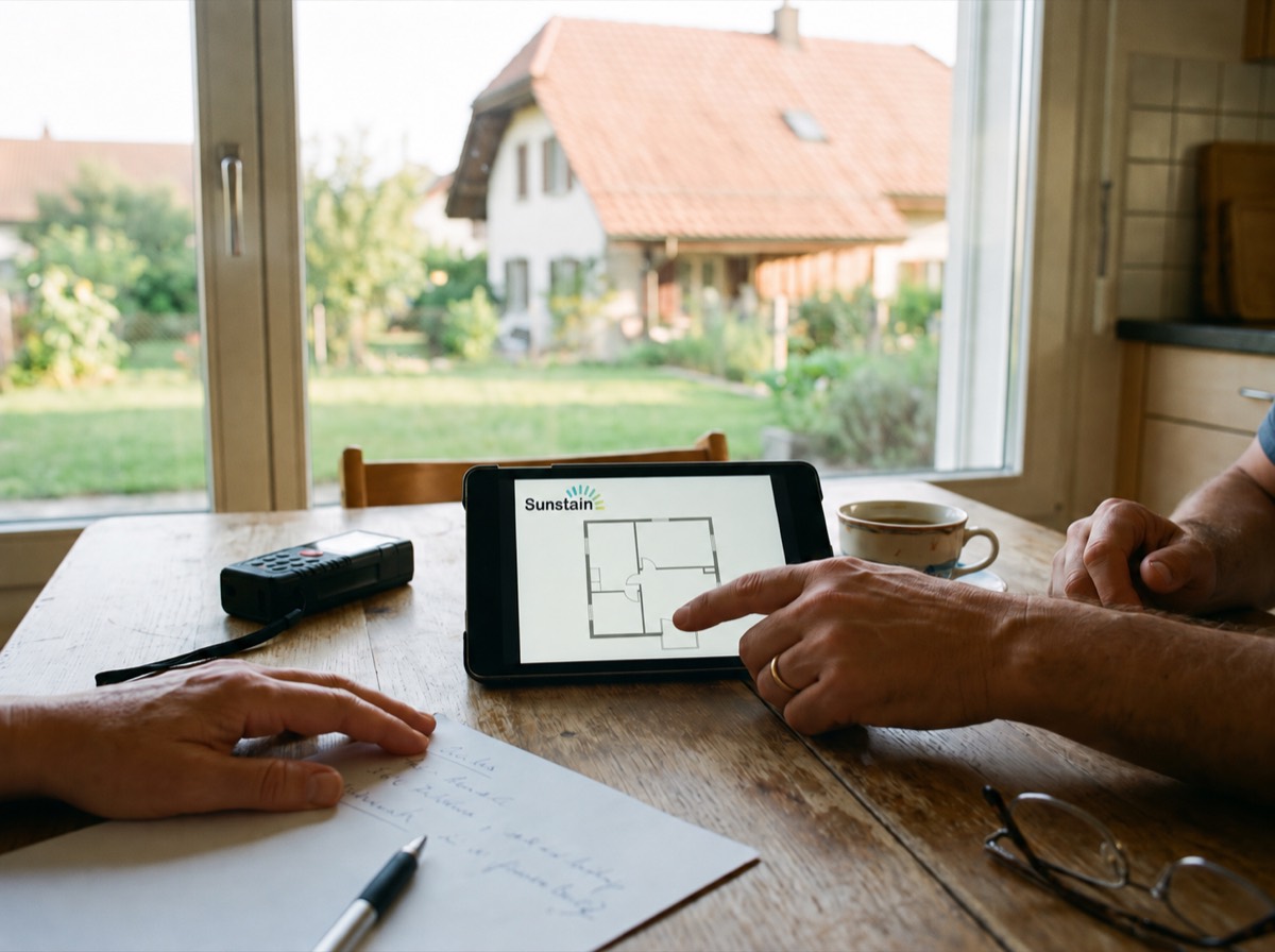 Sur une table de cuisine, une tablette affiche l'application Sunstain et le plan de la maison, à côté d'un télémètre laser et de notes : une visite de diagnostic.