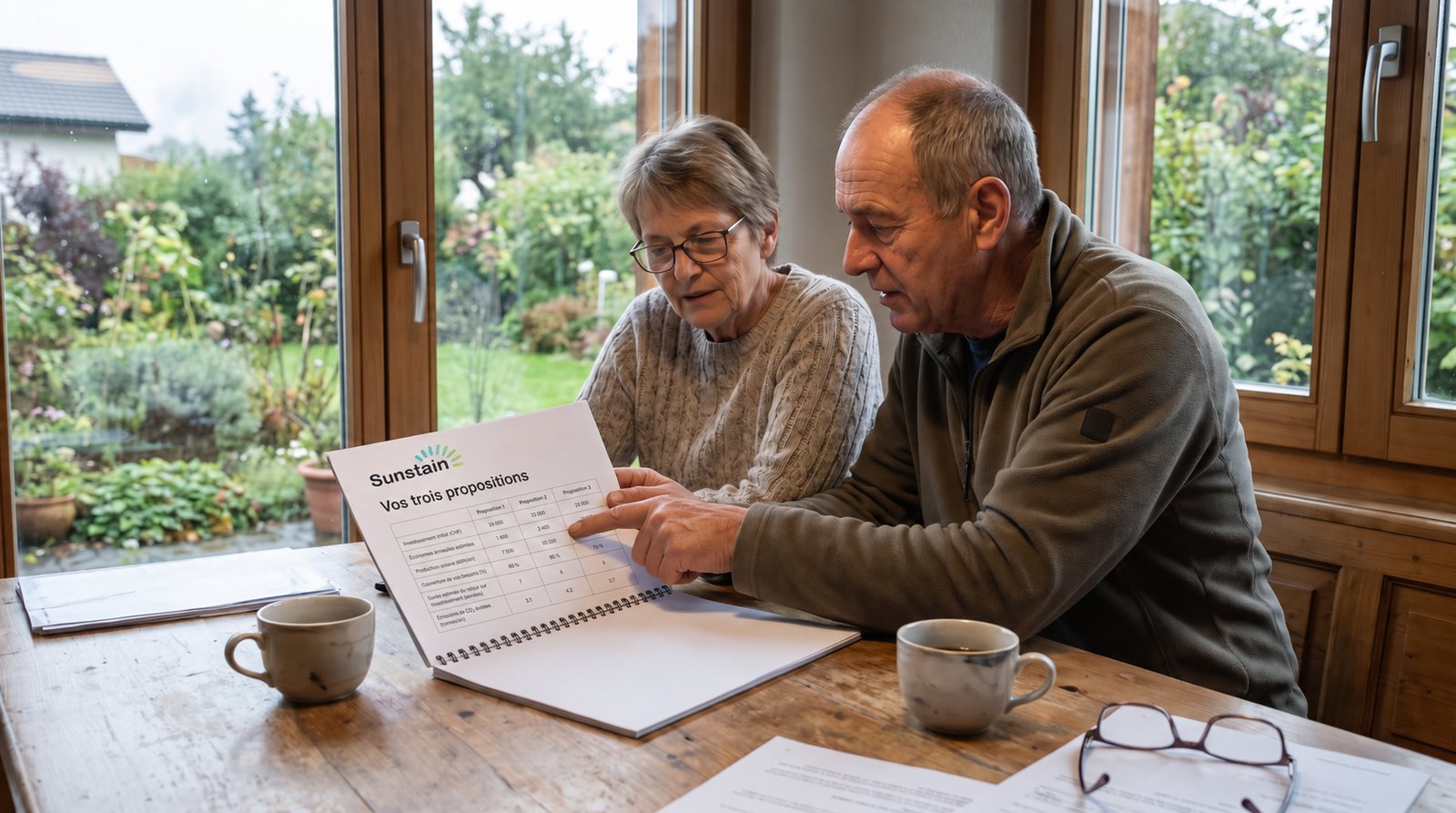 Un couple compare à la table de la cuisine les trois propositions d'un dossier Sunstain, le mari montre une ligne du tableau.