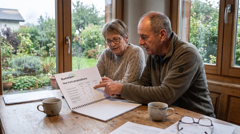 Un couple compare à la table de la cuisine les trois propositions d'un dossier Sunstain, le mari montre une ligne du tableau.