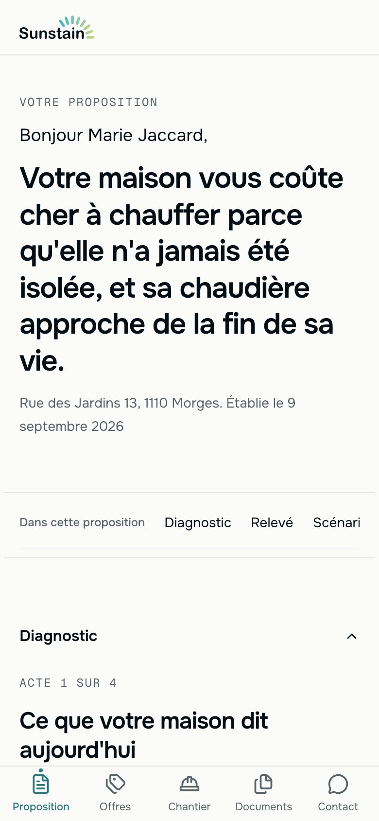 L'espace du propriétaire sur mobile : sa proposition personnalisée, le diagnostic de la maison et les onglets Proposition, Offres, Chantier, Documents et Contact.