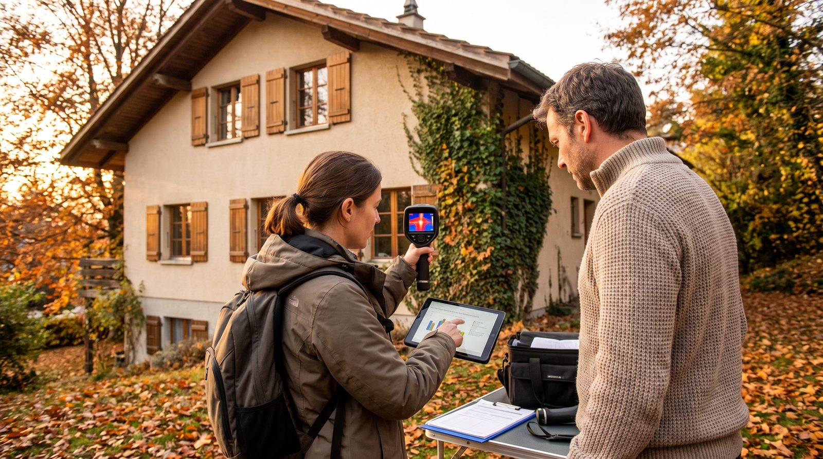 Une experte énergie examine la façade d'une maison à la caméra thermique et montre les relevés sur une tablette au propriétaire.