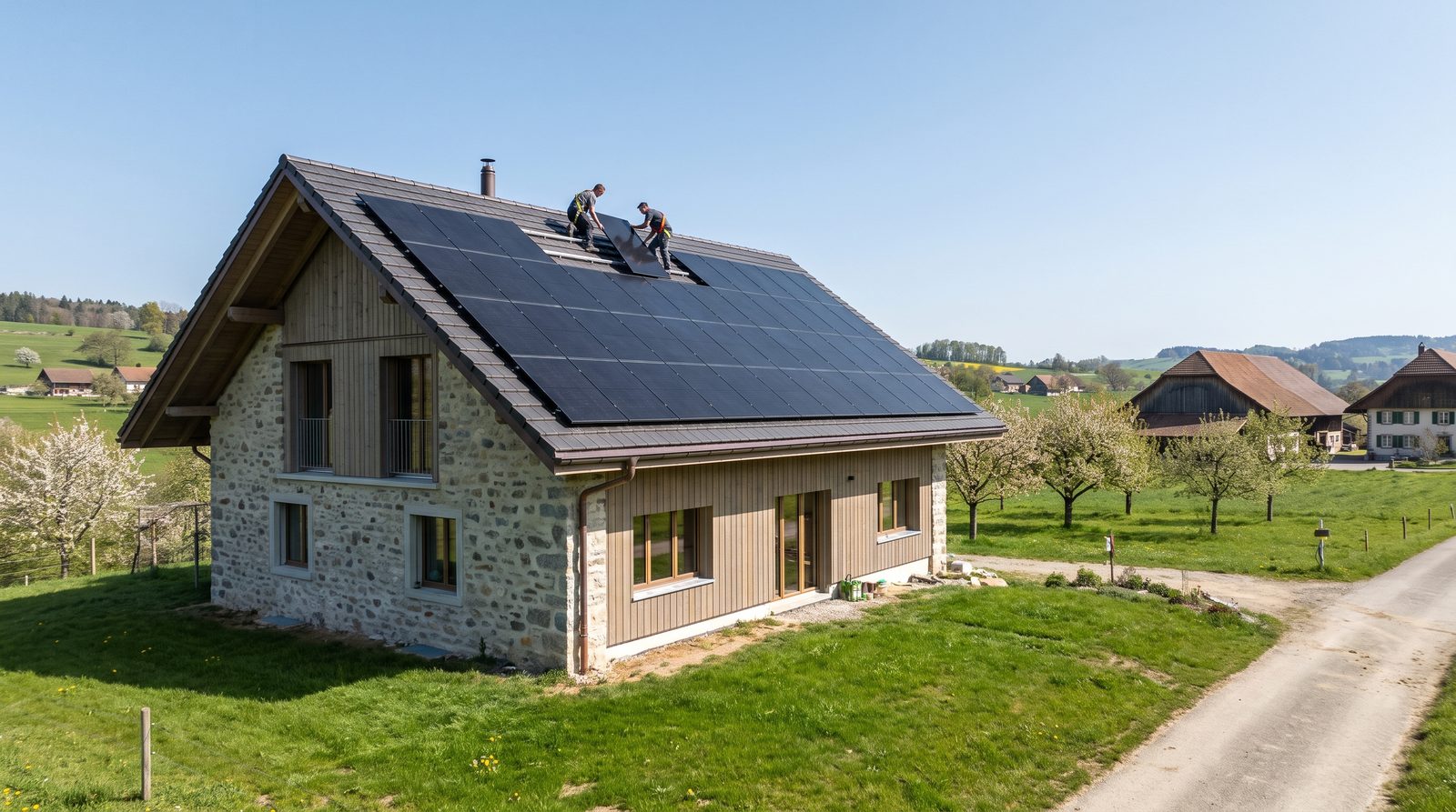 Maison individuelle en Suisse romande dont le toit est couvert de panneaux photovoltaïques noirs, deux installateurs posent le dernier panneau.