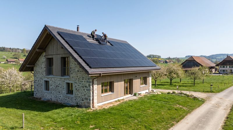 Maison individuelle en Suisse romande dont le toit est couvert de panneaux photovoltaïques noirs, deux installateurs posent le dernier panneau.
