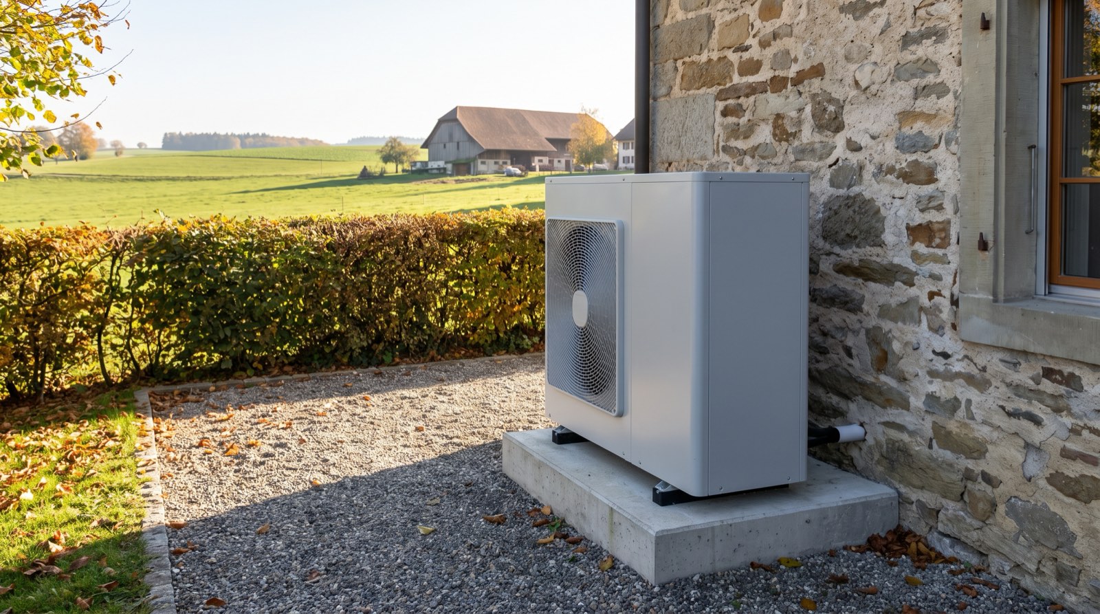 Pompe à chaleur air-eau posée sur un socle en béton contre le mur en pierre d'une maison de campagne, champs et ferme en arrière-plan.
