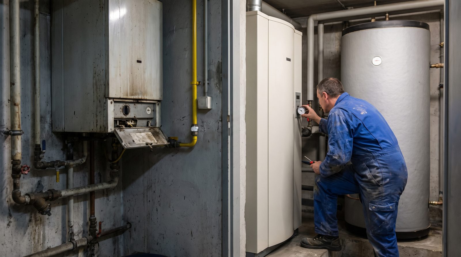 Dans la chaufferie d'un petit immeuble genevois, une ancienne chaudière à gaz à côté d'une pompe à chaleur neuve qu'un technicien contrôle.