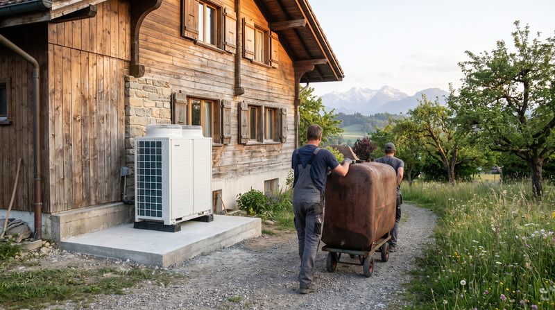 Maison en bois dans la campagne fribourgeoise, Préalpes au loin : une pompe à chaleur air-eau neuve sur son socle, pendant que l'ancienne citerne à mazout est évacuée.