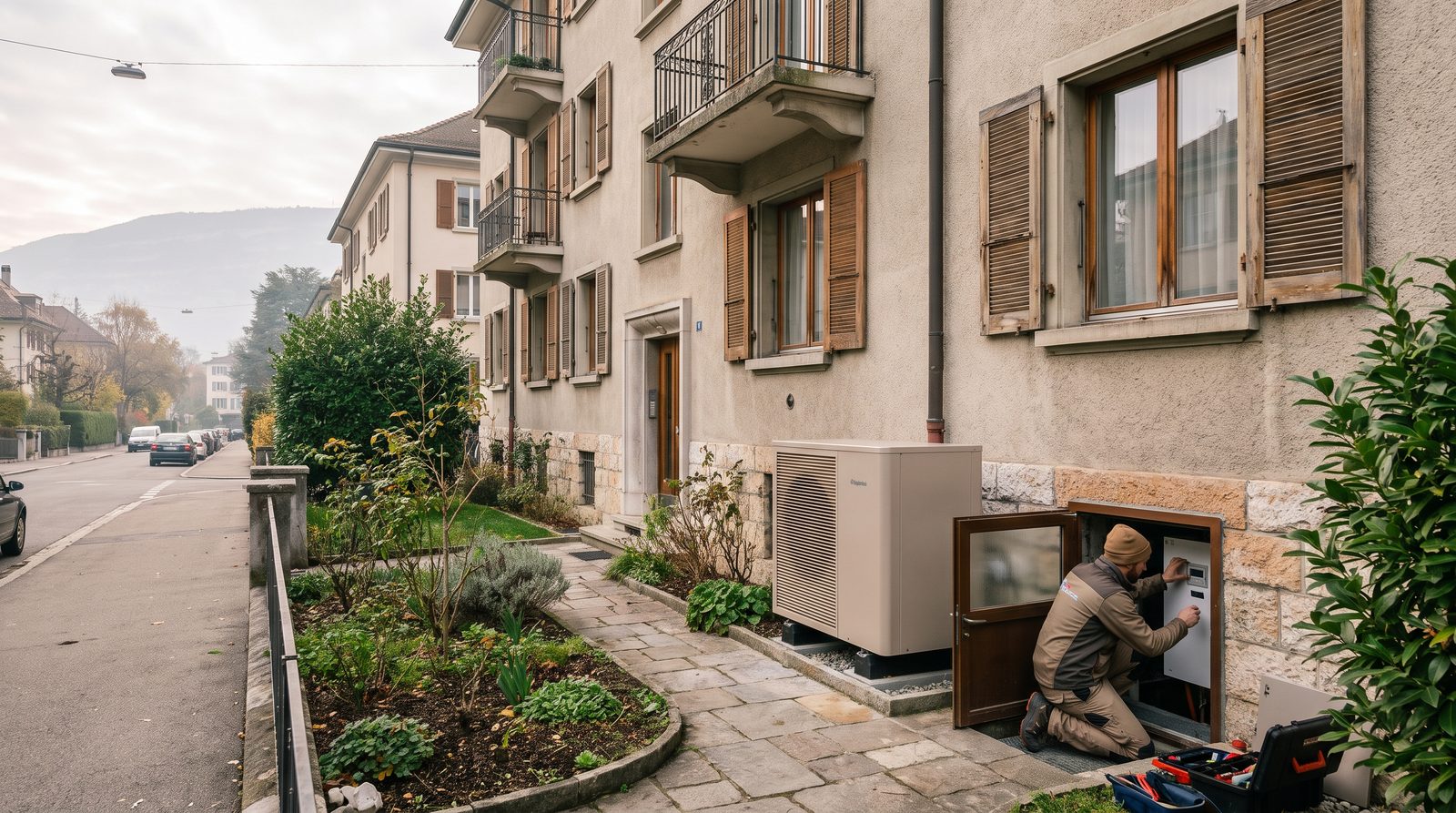 Petit immeuble ancien dans une rue résidentielle de Genève : pompe à chaleur air-eau neuve devant la façade, un technicien règle l'installation par la porte de la cave.