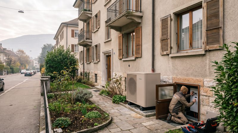 Petit immeuble ancien dans une rue résidentielle de Genève : pompe à chaleur air-eau neuve devant la façade, un technicien règle l'installation par la porte de la cave.