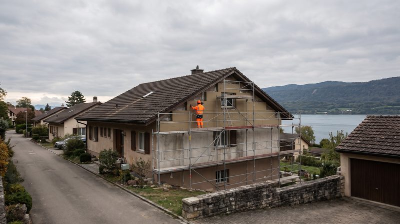 Maison des années 1970 près du lac de Neuchâtel, échafaudage le long de la façade pendant la pose de l'isolation extérieure.