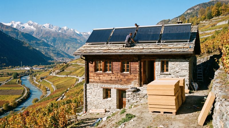 Maison valaisanne en pierre et bois au-dessus des vignes de la vallée du Rhône, capteurs solaires thermiques posés sur le toit.