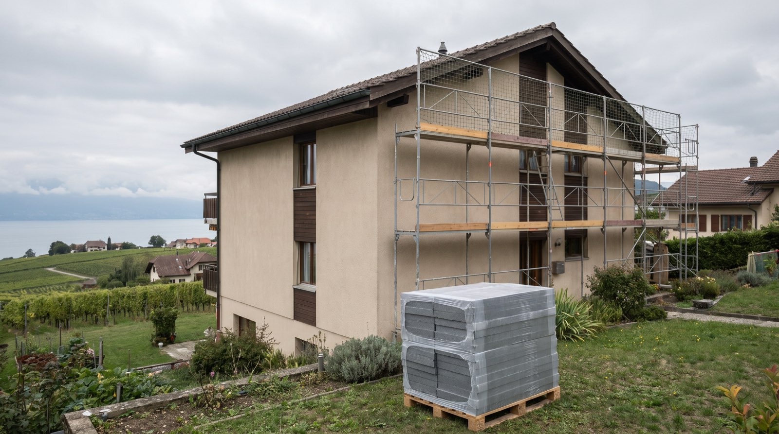 Maison des années 1970 dans le vignoble vaudois, échafaudage posé pour l'isolation de la façade, panneaux isolants sur une palette.