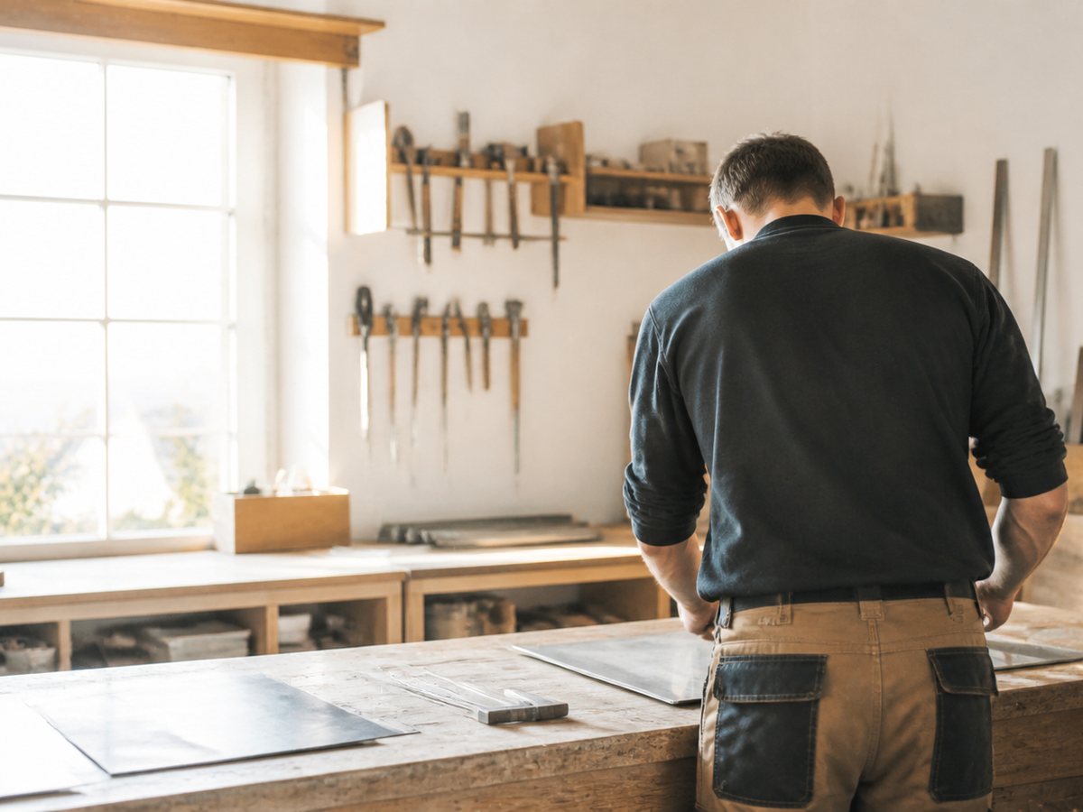 Un artisan prépare son matériel dans un atelier clair.
