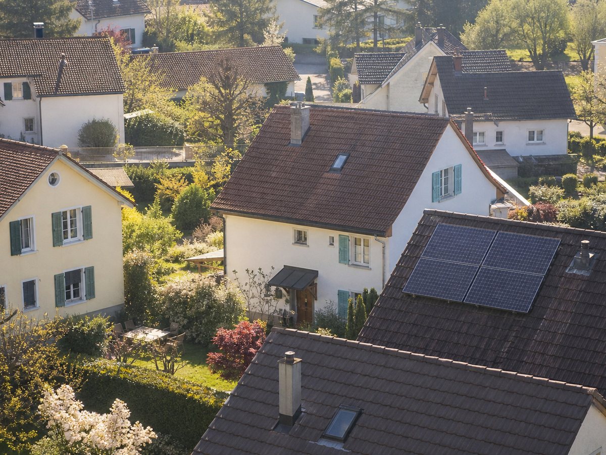 Vue aérienne des toitures d'un quartier résidentiel romand, quelques panneaux solaires.