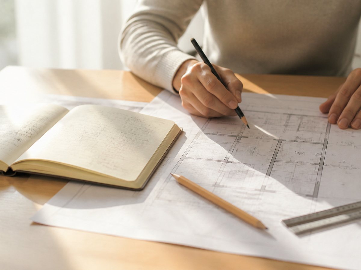 Des mains annotent au crayon le plan d'une maison, à côté d'un carnet ouvert.