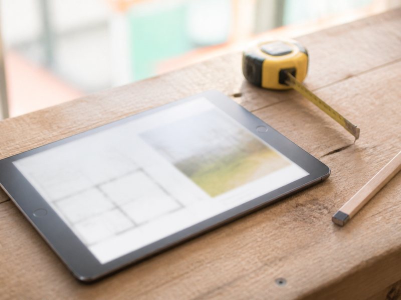 Une tablette posée sur un établi, à côté d'un mètre ruban et d'un crayon de charpentier.