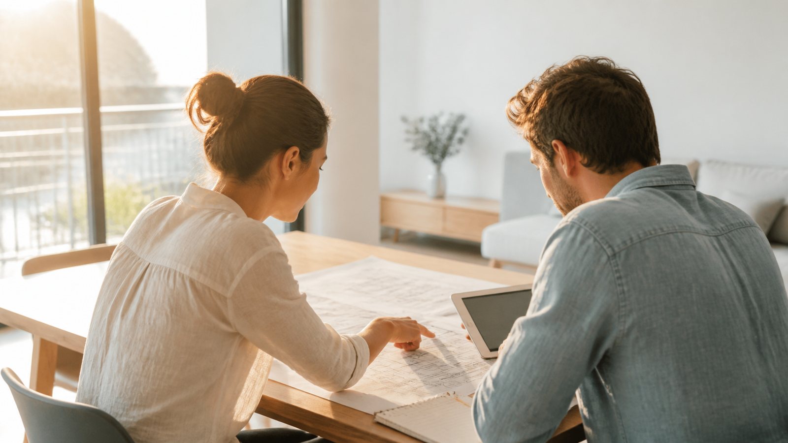 Deux propriétaires penchés sur le plan de leur maison et une tablette.